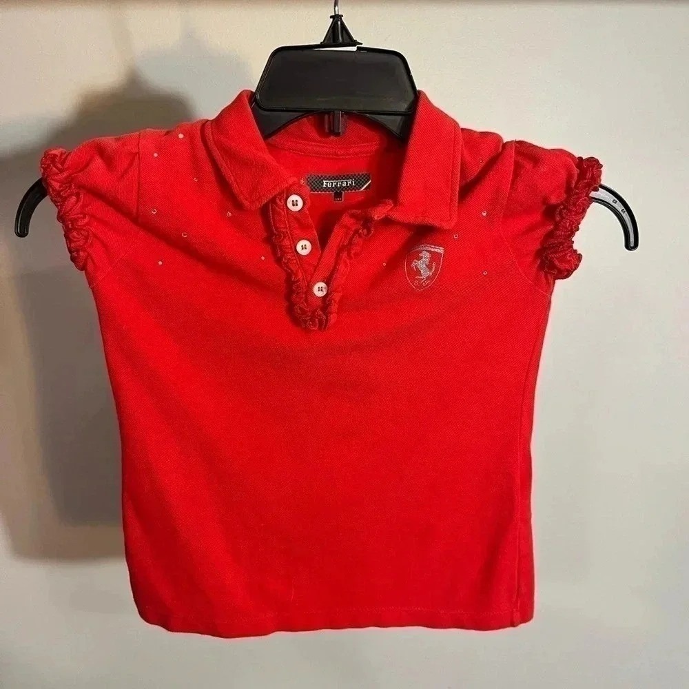Ferrari Girls Red Ruffle Polo Shirt Rhinestone Logo Short Sleeve Size 5/6Y Italy